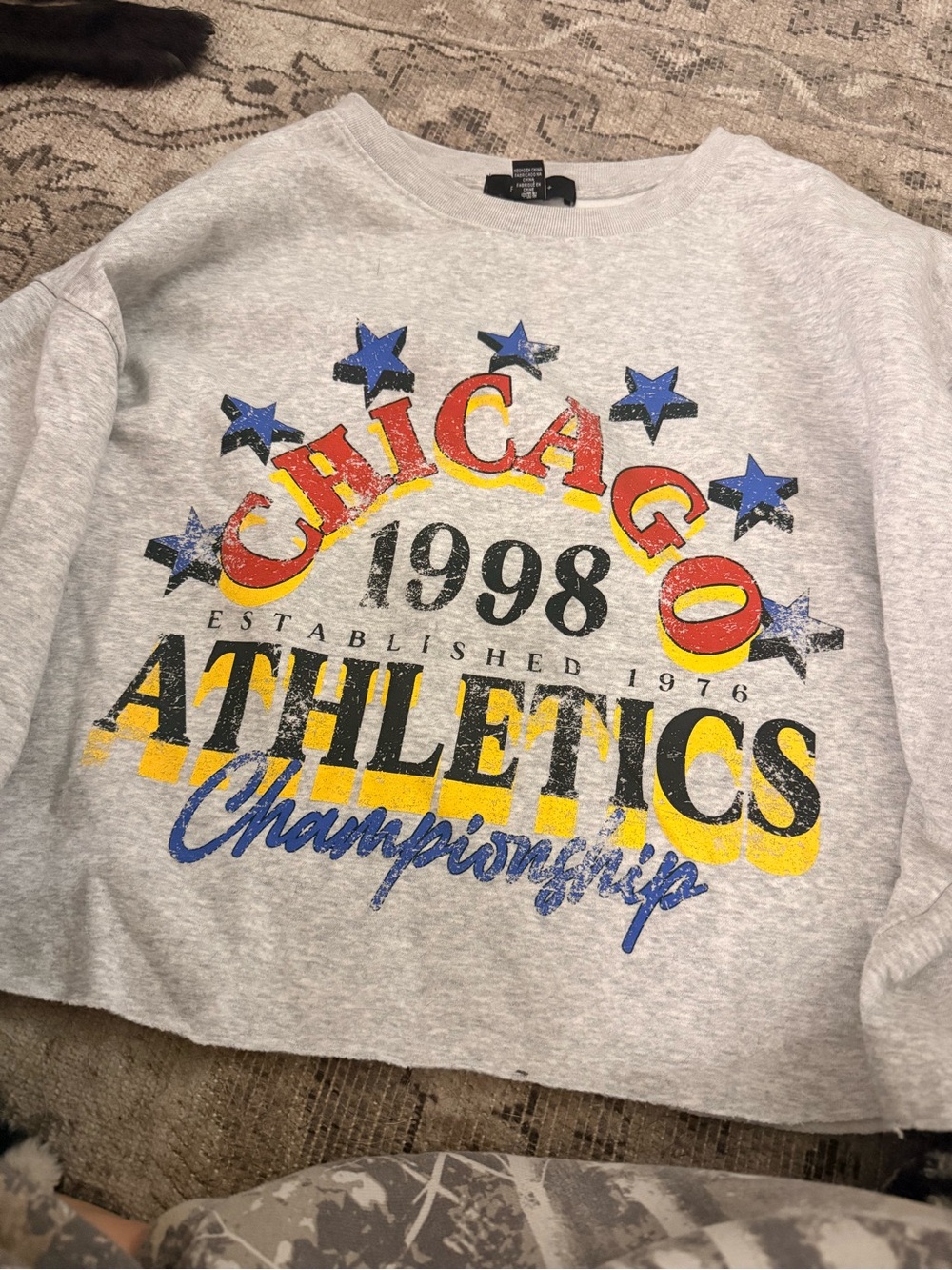 Forever 21 Light Gray Crewneck Sweatshirt with Red, Yellow & Blue Graphic